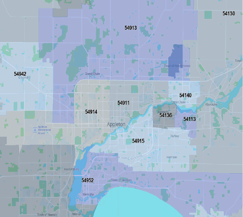 Appleton, WI zip code map highlighting city areas and boundaries