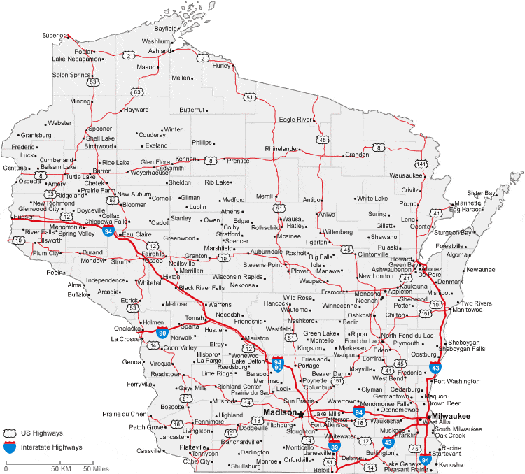 Map of Wisconsin cities