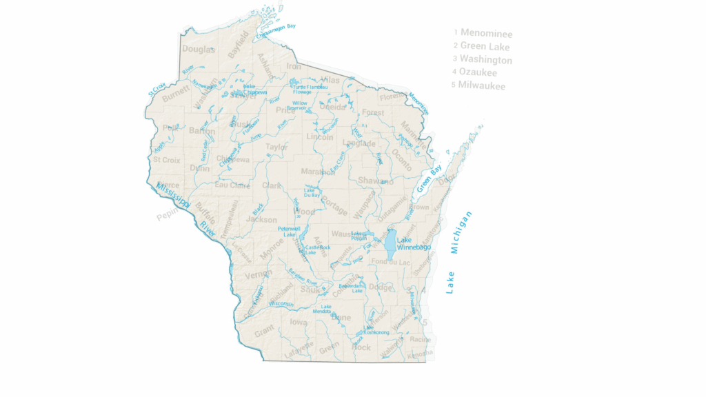 Wisconsin county map with lakes and rivers