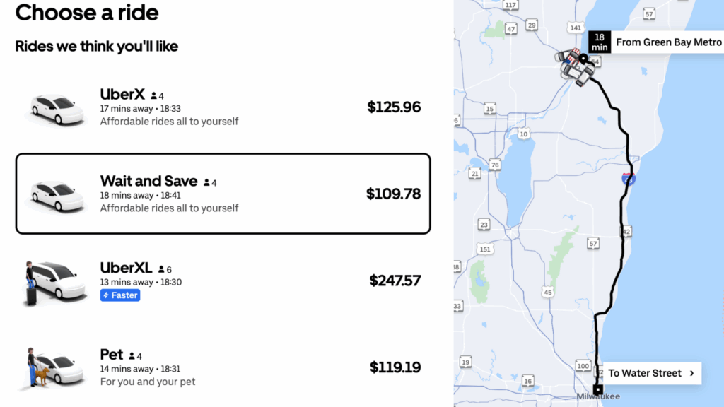 Uber from Milwaukee to Green Bay